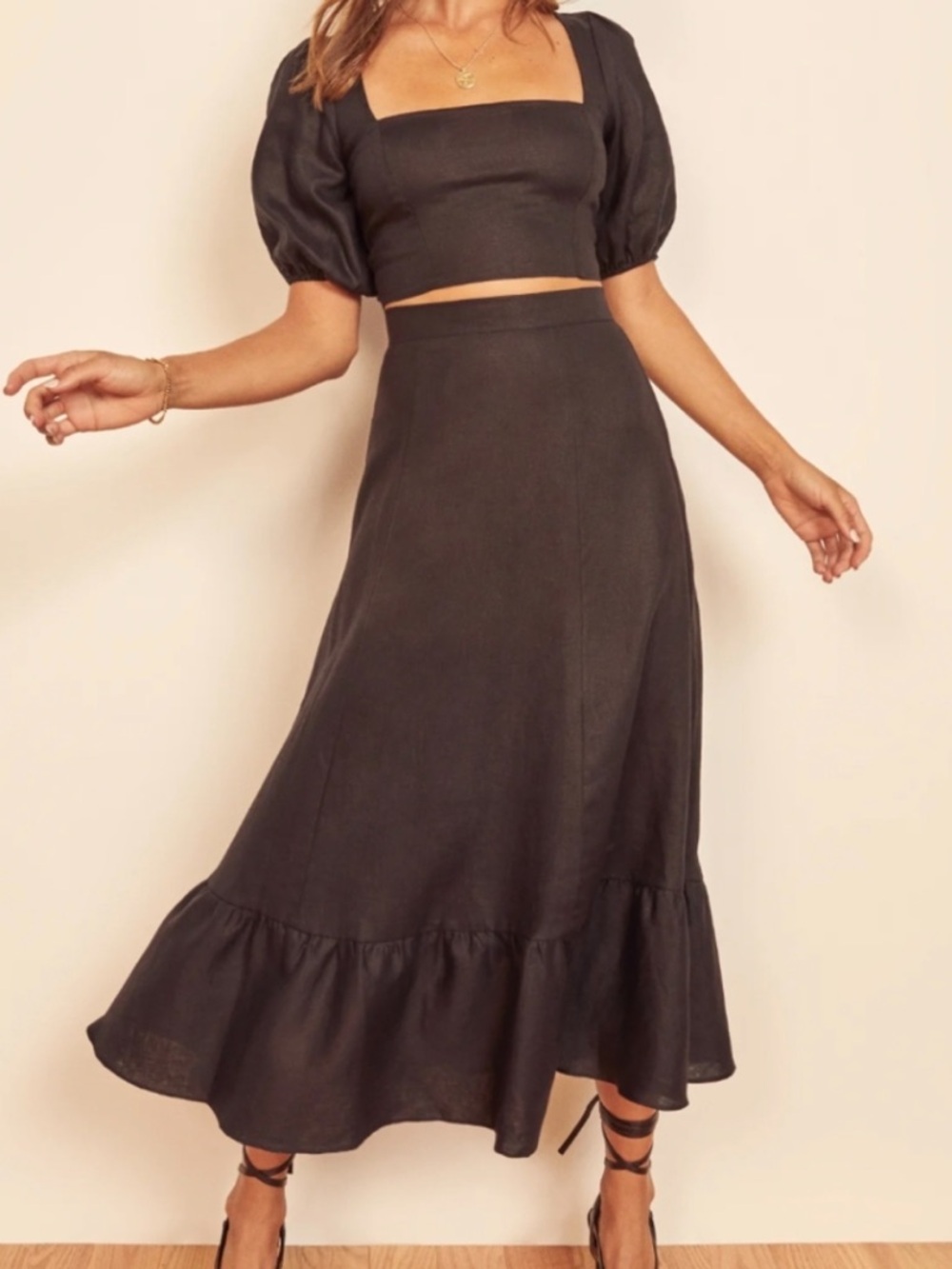 Reformation Yucca Two Piece Linen Skirt Set Black